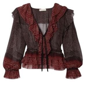 Ulla Johnson Vivian Ruffled Printed Silk-Crepon Blouse Semi Sheer Size 0 XS